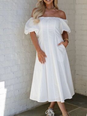 Off-Shoulder White Midi Dress with Puff Sleeves
